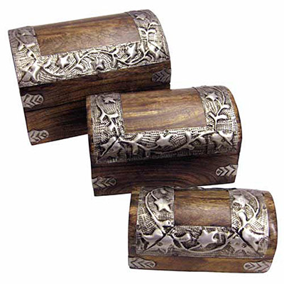 Mango Wood Metal Flower Design Set of 3 Dome Boxes